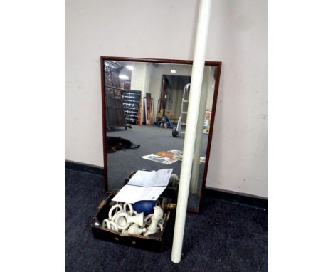 A mahogany framed wall mirror, box of curtain pole and curtain rings, contemporary table lamp 