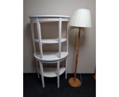 A pair of contemporary painted pine D shaped tables together with a standard lamp with shade