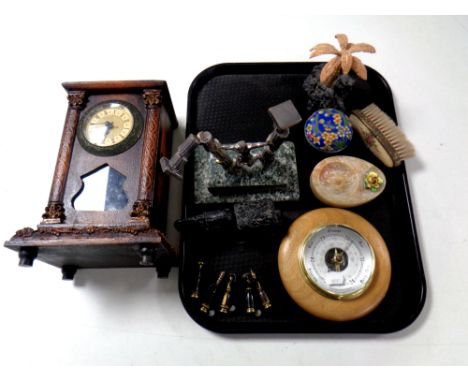A tray containing miscellaneous to include cloisonne lidded dish, marble ashtray, barometer, a coal figure: horse with mine c