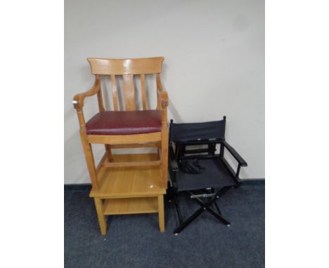 A beech armchair together with a contemporary oak two tier lamp table and two folding director's chairs  