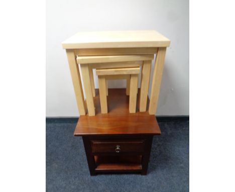 A nest of three pine tables together with a contemporary lamp table fitted a drawer 