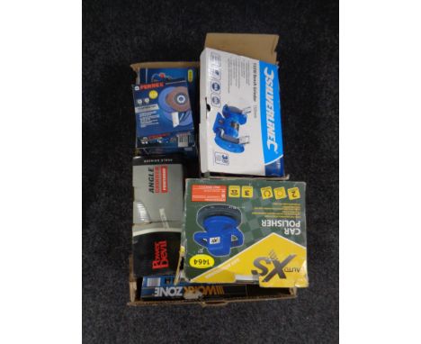 A box of power tools : Silverline bench grinder, auto XS car polisher, ferrex multi function sharpener with discs etc 