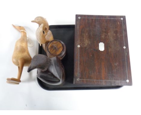 A tray containing wooden items to include a 19th century rosewood jewellery box, a Jerusalem walnut lidded caddy, together wi