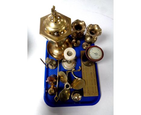 A tray of antique and later brass wares - pair of Indian brass vases, cribbage board, ornaments, miniature propeller, brass c