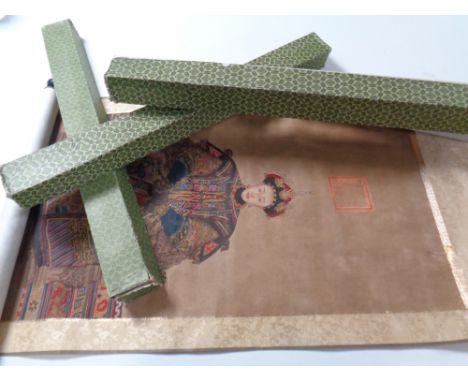 Five Chinese scroll wall hangings depicting emperors (four boxed) 