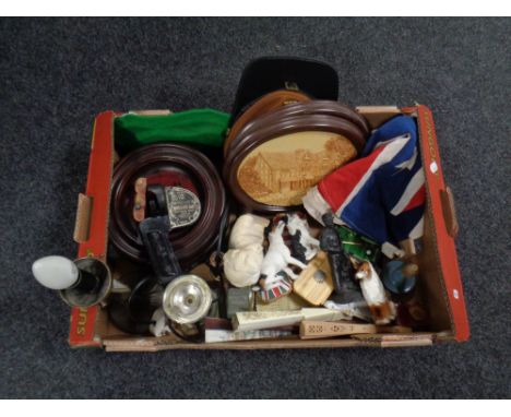 A box containing miscellaneous to include confederate flag, dog figures, Art Deco style table lamp, wall plaques, collection 