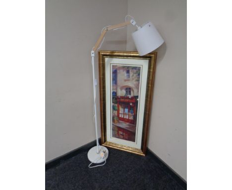 A contemporary angle poise floor lamp together with a gilt framed print, Parisian restaurant  