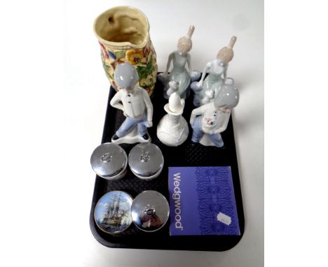 A tray of continental figures, Woods Indian tree jug, Royal Worcester egg coddlers, Wedgwood jasper ware dishes etc 