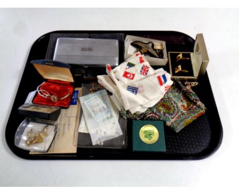 A vintage wristwatch, scarves, badges, chrome cigarette case etc 