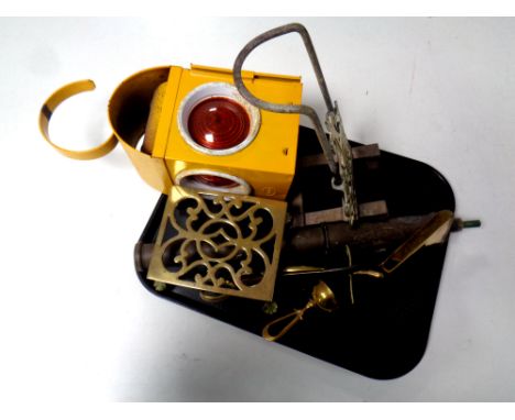 A tray of antique and later metal wares : rose sprayer, companion pieces, trivet, vintage railway lamp  