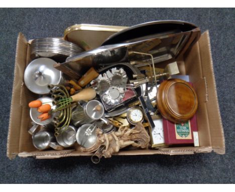 A box containing a quantity of metal wares to include stainless steel tea service on tray, plated place mats, trays, menorah,