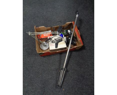 A box containing a microphone stand together with two boxed microphones, cameras, a GAF Super 8 movie camera, together with a