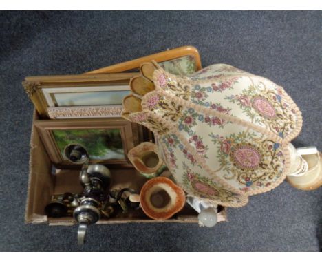 A box containing a 1970s mirror mounted on a teak board, a marble table lamp with shade, metal light fitting and pictures, ca