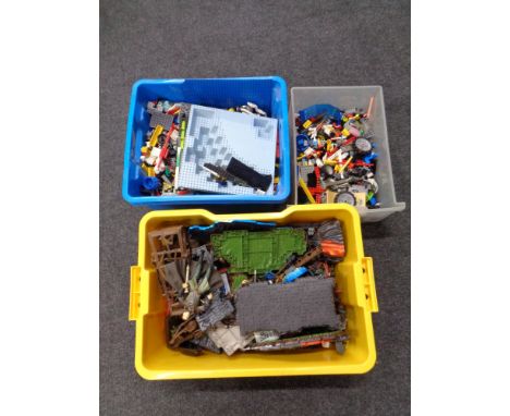 Two boxes containing Lego together with a further box containing Mega Blocks, Lord of the Rings Mega Blocks  