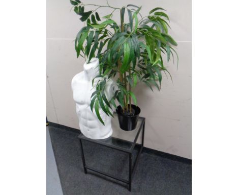A Nike male mannequin torso together with an artificial potted plant and a contemporary glass topped table  