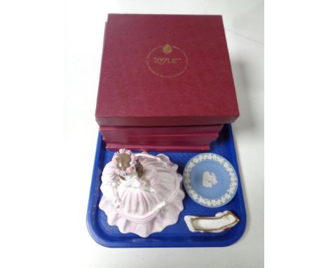 A Coalport Ladies of Fashion figure "Jan" , set of six boxed Royal Worcester collectors plates, Wedgwood Jasper ware dish, Ro