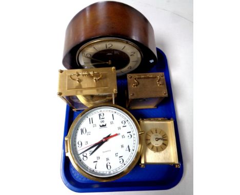A tray of mid 20th century Smiths Tempora mantel clock, Astral ship's style clock and three further battery operated carriage