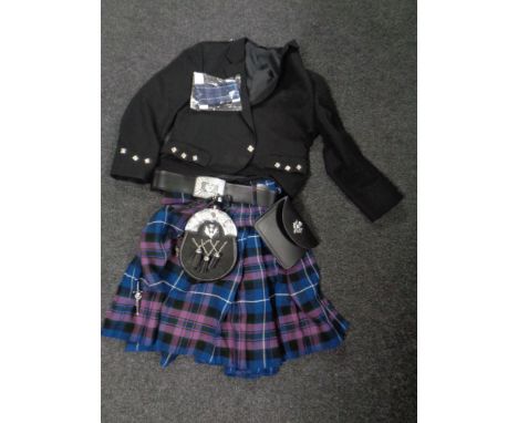 A Prince Charles jacket size 44 R, together with kilt size 34, kilt pin, belt, pouch and sporran    