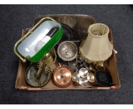 A box containing miscellaneous metal wares to include banker's lamp, brass table lamp with shade, plated trays, brass ornamen