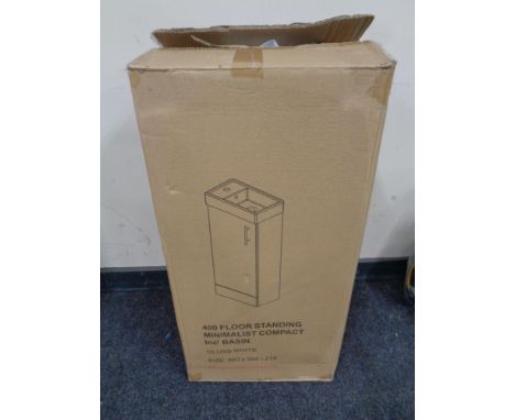 A Victorian Plumbing Company 400 floor standing minimalist compact cabinet with basin, gloss white, in box  
