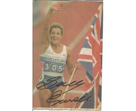 Athletics Sally Gunnell signed 9x6 colour newspaper photo. Sally Jane Janet Gunnell OBE DL (born 29 July 1966) is a British f