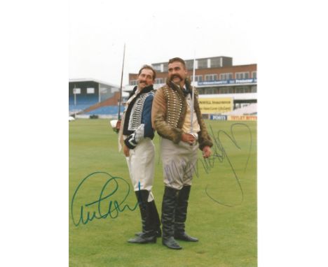 Cricket Graham Gooch and Merv Hughes signed 6x4 colour photo. Good condition. All autographs come with a Certificate of Authe