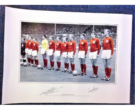 Football Geoff Hurst and Martin Peters signed 33x16 colourised print picturing the two lining up with their England team mate
