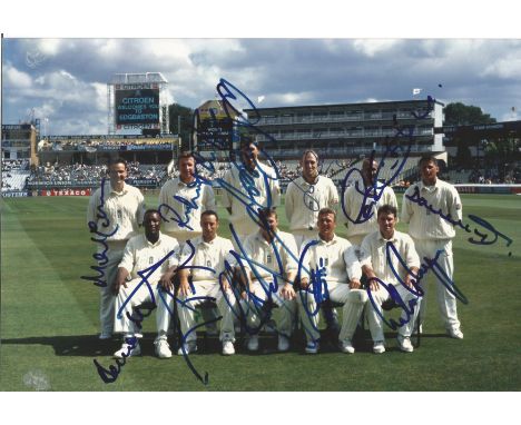 Cricket England multi signed 1997 Ashes team photo 11 signatures include Mark Ealham, Robert Croft, Andy Caddick, John Crawle