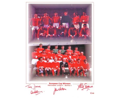 Football Manchester United European Cup Winners 1968 multi signed montage print signatures include Tony Dunne, Alex Stepney, 