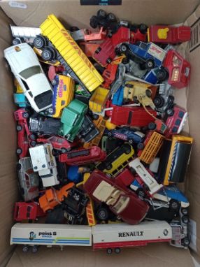 A box of die-cast model vehicles including Matchbox, Corgi, Majorette etc.