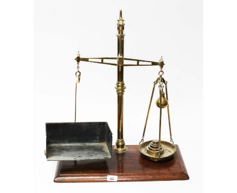 Early 20th century Hunt &amp; Co, London brass postage weighing scales with brass square removable tray and brass dish, set o