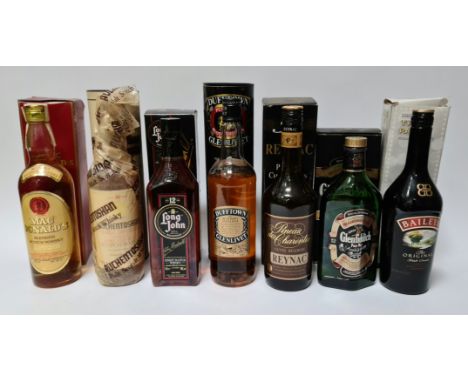 A selection of alcoholic beverages to include Reynac Pineau des Charentes, a Mac Donald's blended scotch whisky, a Long John 