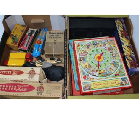 2 boxes of vintage games and toys to include tinplate car, a cast metal car, Dazlite illuminated magnifier, Pifco magic nurse