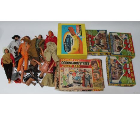 6 Action Man figures, a vintage Marx car, Coronation Street jigsaw, various other jigsaws, etc. 