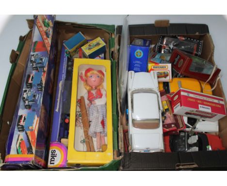 Two boxes of miscellaneous die-cast toys including Matchbox, Oxford, Motor Max, etc, a folder of Corgi catalogues, two large 