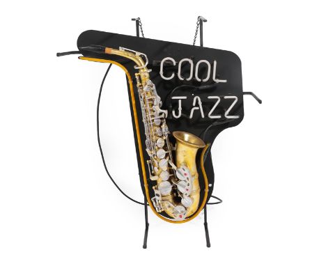 A Neon Display Sign, inscribed COOL JAZZ over a gilt and silvered composition saxophone on a black painted metal frame, 78cm 