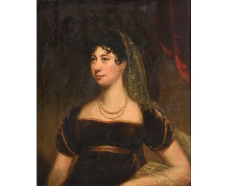 Follower of Sir Thomas Lawrence PRA FRS (1769-1830)  Portrait of Lady Bateman, half length, wearing a lace veil and a string 