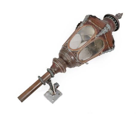 An Edwardian Copper and Gilt-Brass Lantern, early 20th century, with flambeau finial and of tapering hexagonal form, fitted f