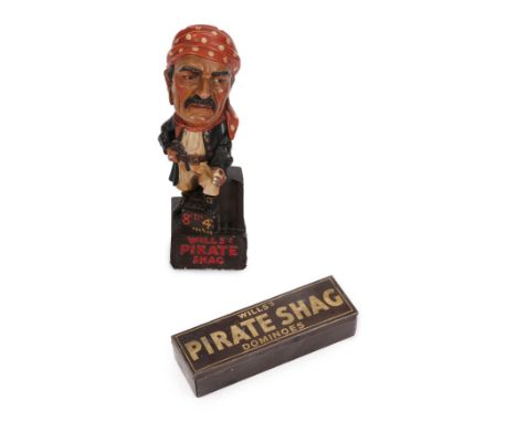 A Painted Composition Tobacco Advertising Figure, modelled as a pirate with one foot on a treasure chest, inscribed 8D PER OZ