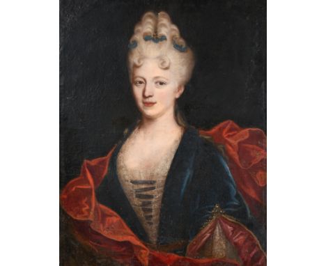 French School (18th century)   Portrait of a lady, half length, wearing a blue velvet dress trimmed with lace, a gold embroid