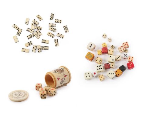 A Chinese Bone Dice Shaker and Cover, circa 1880, of cylindrical form, incised and stained with King and Queen of Spades play