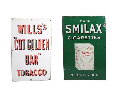 A Smilax Cigarettes Enamel Advertising Sign, inscribed SMOKE SMILAX CIGARETTES IN PACKETS OF 12 and with a packet of cigarett