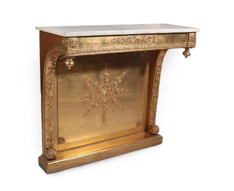 A Victorian Gilt and Gesso Console Table, 3rd quarter 19th century, the later grey and white rectangular marble top above a m