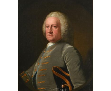 Circle of Arthur Pond (1701-1758)  Portrait of a gentleman, half length, wearing a grey velvet waistcoat and jacket decorated