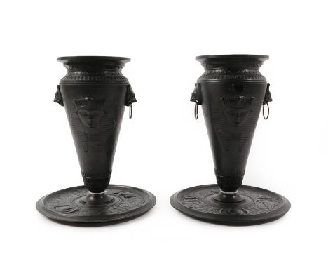 A Pair of Grand Tour Spelter Vases, in Egyptian style, with cat mask ring handles and pseudo hieroglyphics, 24cm high  Proven