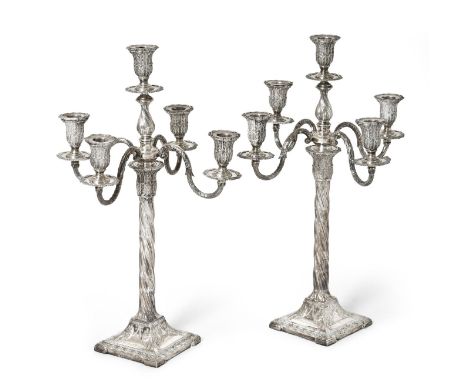 A Pair of Edward VII Silver Five-Light Candelabra, by Henry Wigfull, Sheffield, 1904, each on square base stamped with foliag