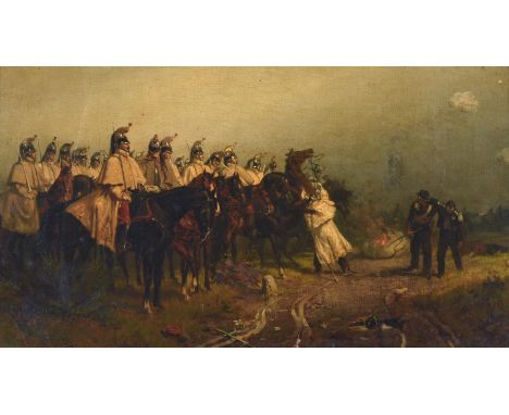 Ernest Crofts RA (1847-1911)  Soldiers on horseback with the walking wounded nearby  Signed, oil on canvas, 23.5cm by 43cm   