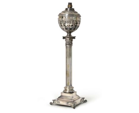 A Silver Plate Mounted Table-Lamp, 20th Century, the stem modelled as a  Corinthian column, on stepped base with four foliage