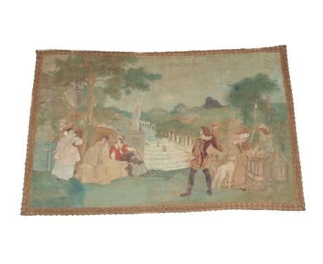 A Tapestry and Painted Banner, in 17th century style, decorated with figures and dogs in landscape, approximately 300cm by 19