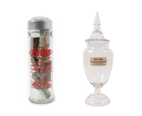 A Victorian Glass Pharmacy Jar and Cover, of baluster form, the domed cover with minaret finial, applied with a paper label i